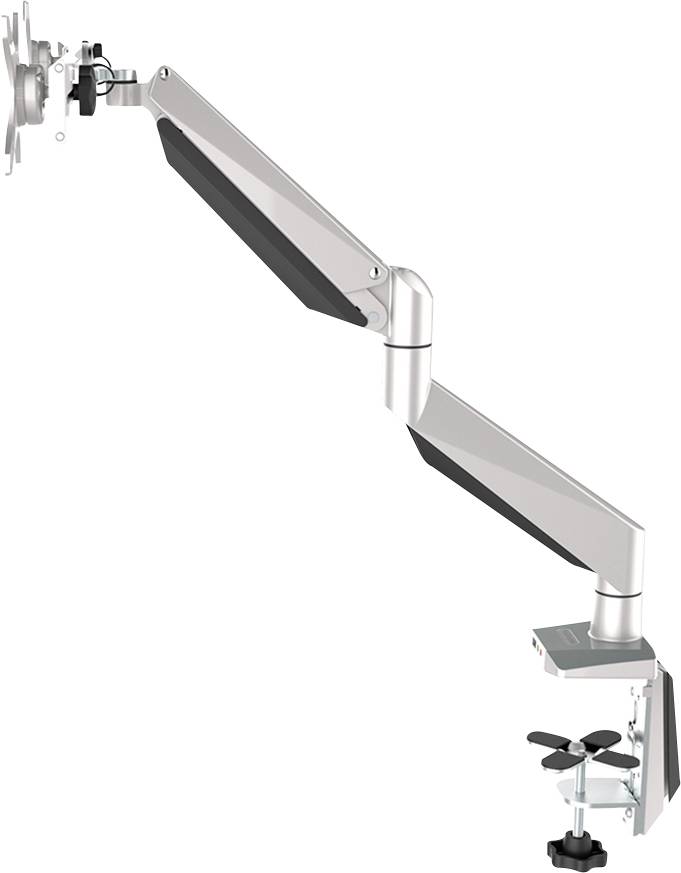 Verstellbarer Monitorarm mit drei Gelenken und Klemme zur Befestigung an Tisch. Optimiert ergonomische Sicht und spart Platz.