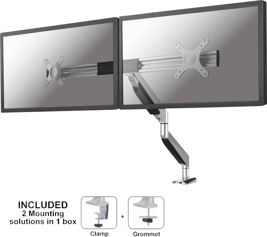 Zwei Monitore an einem flexiblen, höhenverstellbaren Armhalter mit Klemmen- und Durchtischbefestigung, Boxtext: 'INCLUDED 2 Mounting solutions in 1 box'.