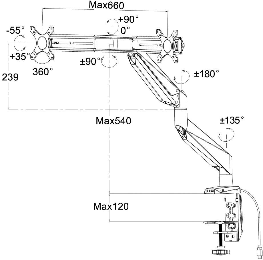 Arbeitsplatz-Monitorarm: Maximaler Hub 660 mm, Reichweite 540 mm, Neigungswinkel ±90°, Schwenkbereich ±180°, Rotation 360°.
