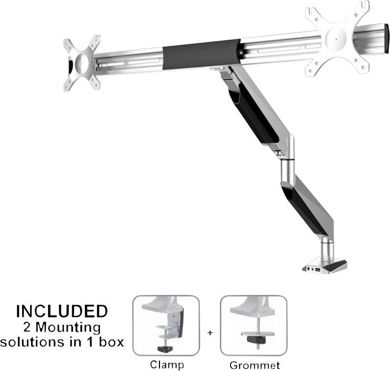 Doppelter Monitorarm in Silber mit flexiblem Gelenk und zwei Montageoptionen: Klemme und Tülle.