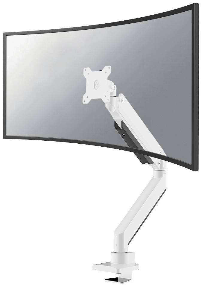 Ein gebogener Monitor an einem verstellbaren weißen Arm montiert, ideal für ergonomische Computernutzung und platzsparendes Arbeiten.