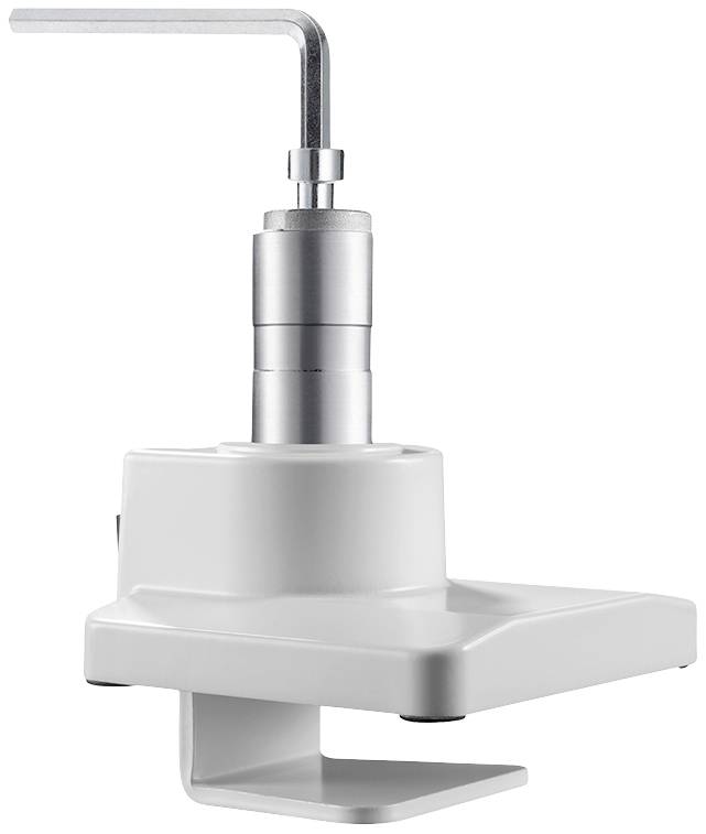 Ein weißer Objektträgerhalter mit einem verstellbaren, metallischen L-förmigen Arm, der für Laborgeräte verwendet wird.