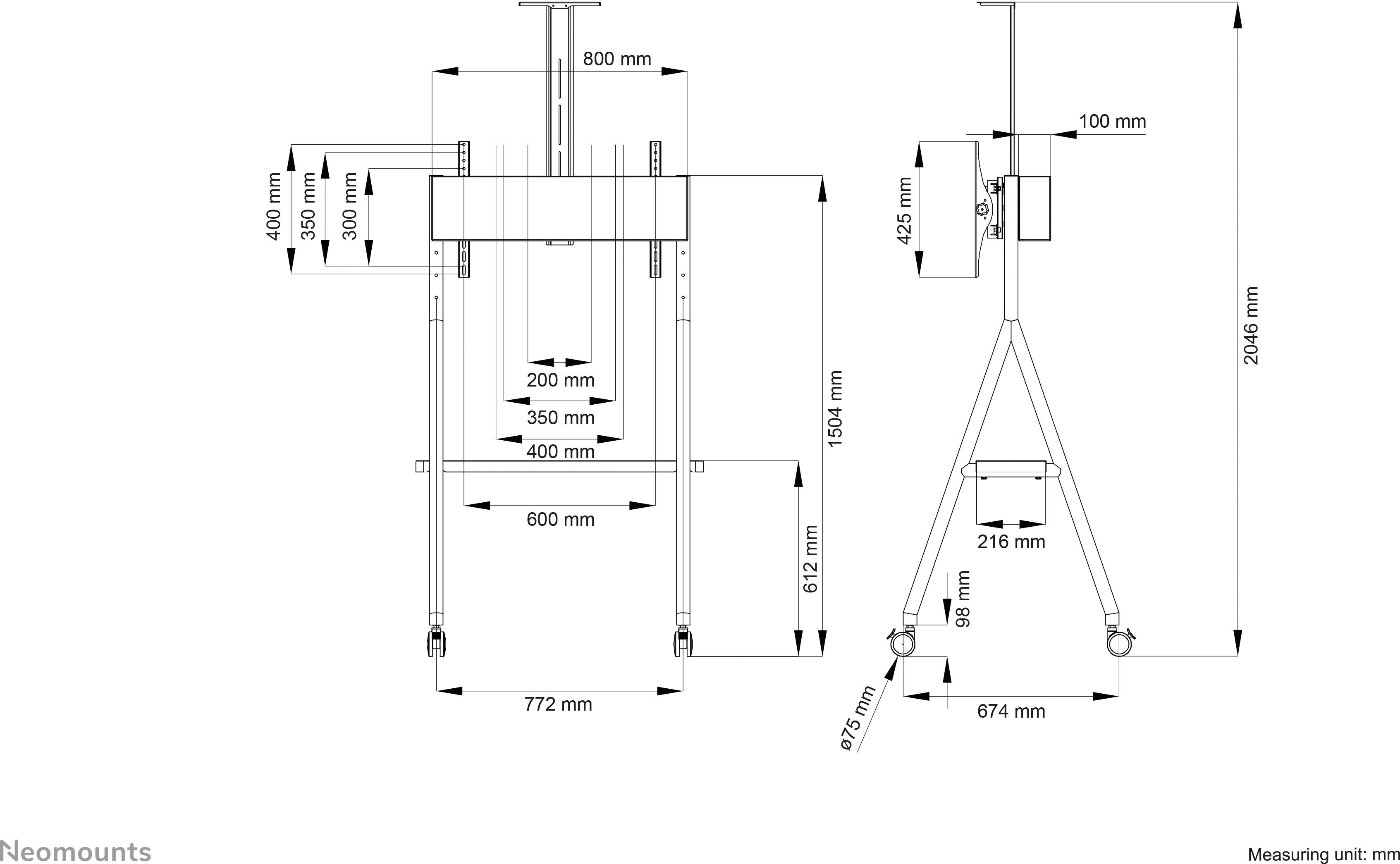 Neomounts NS-M1500BLACK TV-Rollwagen 81,3cm (32") - 165,1cm (65") Neigbar, Bodenständer, Höhenverstellbar