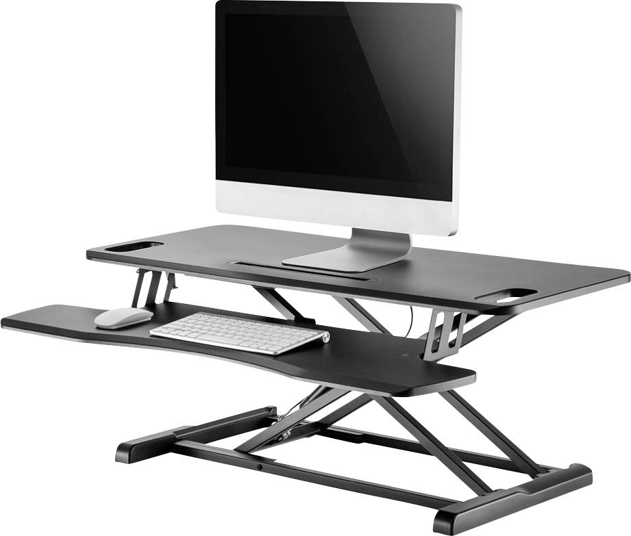 Computer auf einem höhenverstellbaren Schreibtisch mit herausziehbarem Tastaturfach. Ideal für ergonomisches Arbeiten im Stehen.
