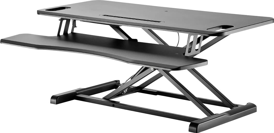 Ein höhenverstellbarer, schwarzer Schreibtischaufsatz mit zwei Ebenen, der für ergonomisches Arbeiten im Stehen oder Sitzen konzipiert ist.