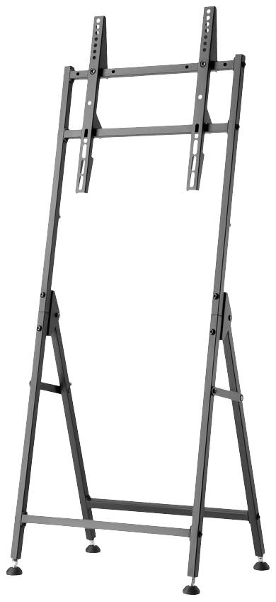 Ein schwarzes, hohes TV-Gestell mit verstellbaren Halterungen und stabilen Standfüßen. Ideal zum Präsentieren von Bildschirmen.