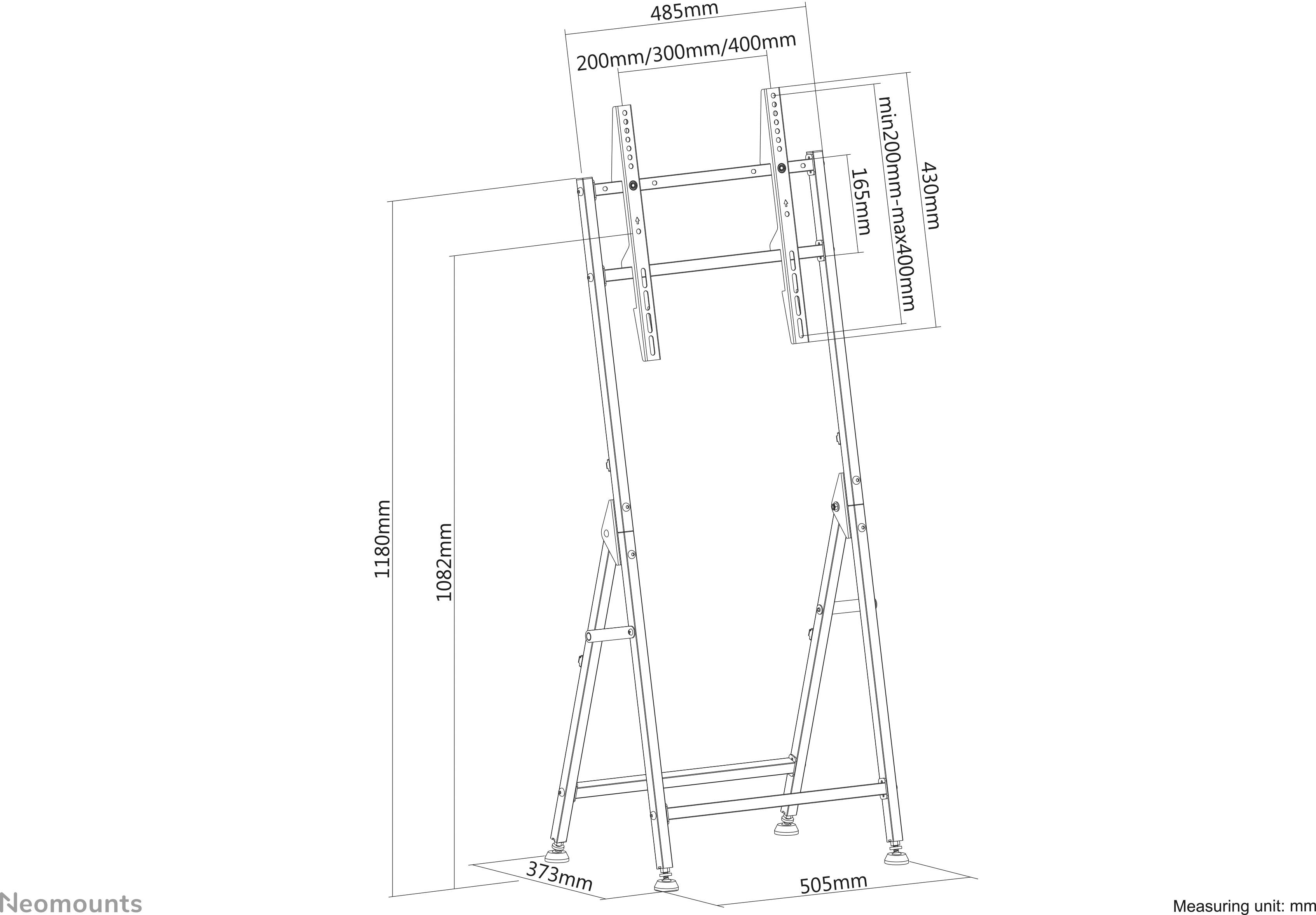 Schaltplan einer höhenverstellbaren Ständerhalterung mit angegebenen Maßen. Maximalhöhe: 1830mm, Minimalhöhe: 1080mm.