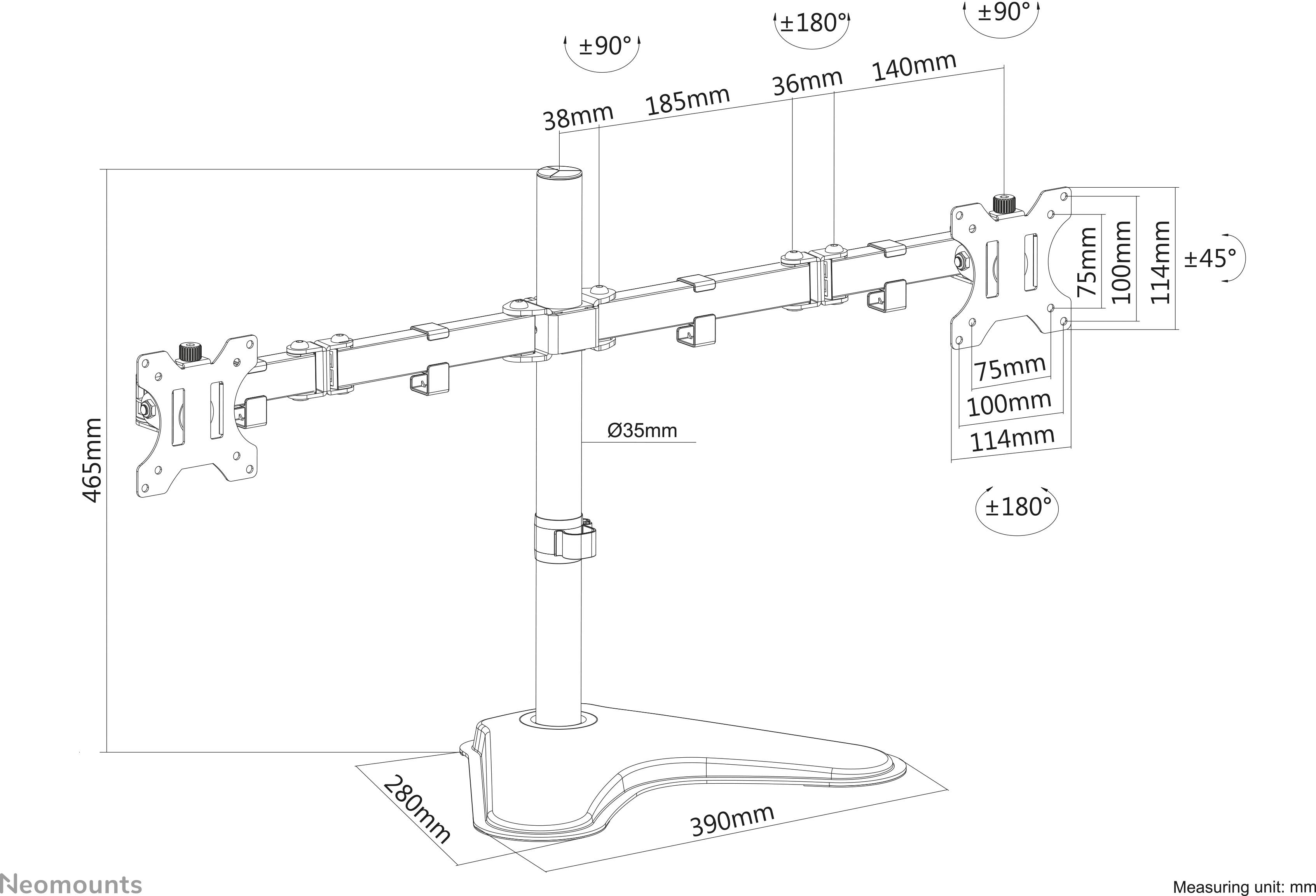 Diagramm einer Monitorhalterung mit detaillierten Maßen, zeigt verschiedene Abstände und Drehwinkel der Halterungskomponenten.