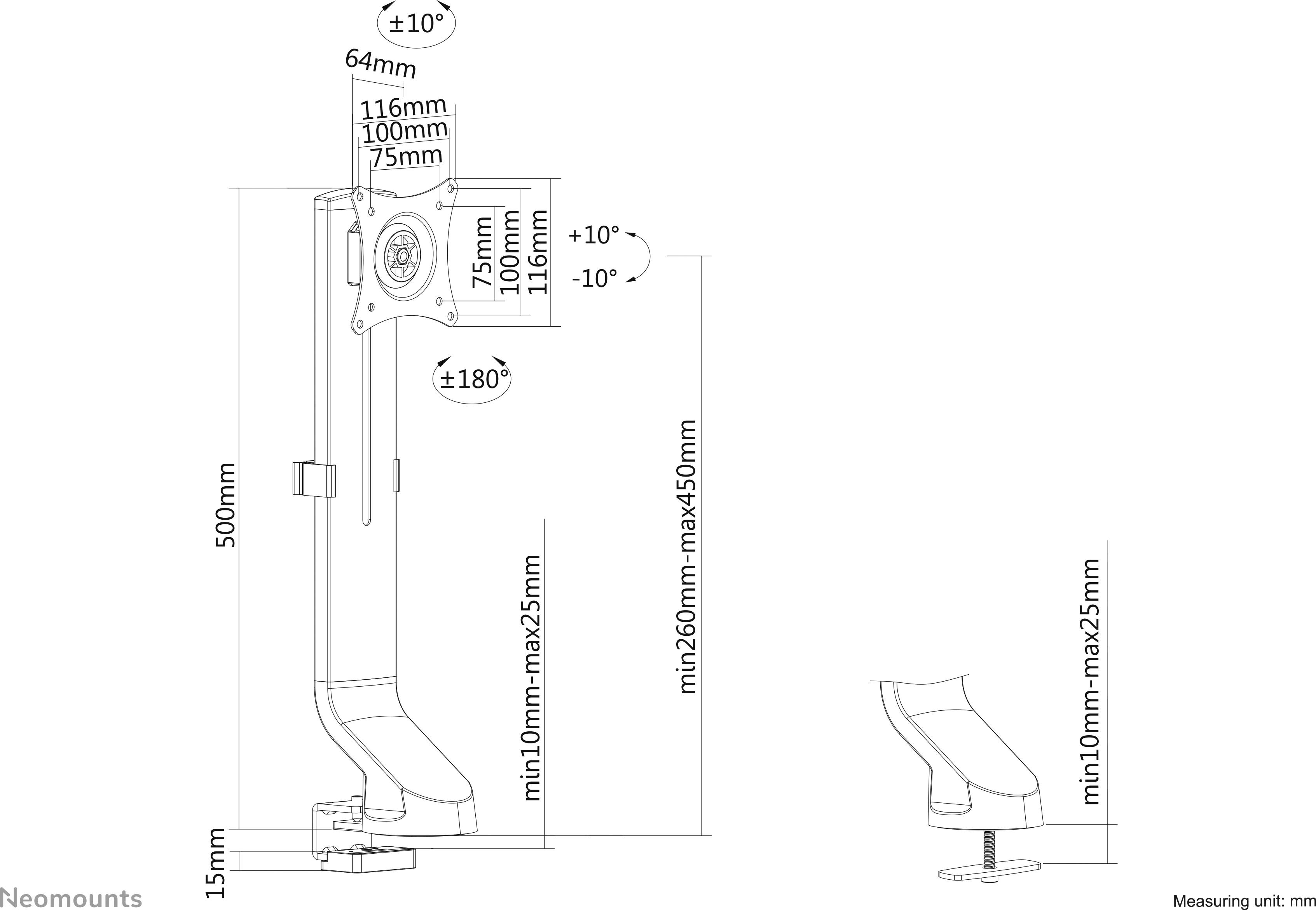 Technische Zeichnung eines Monitorarms mit Höhen- und Neigungsmaßen. Maße in Millimetern angegeben, z.B. Höhe: min 260 mm bis max 540 mm.