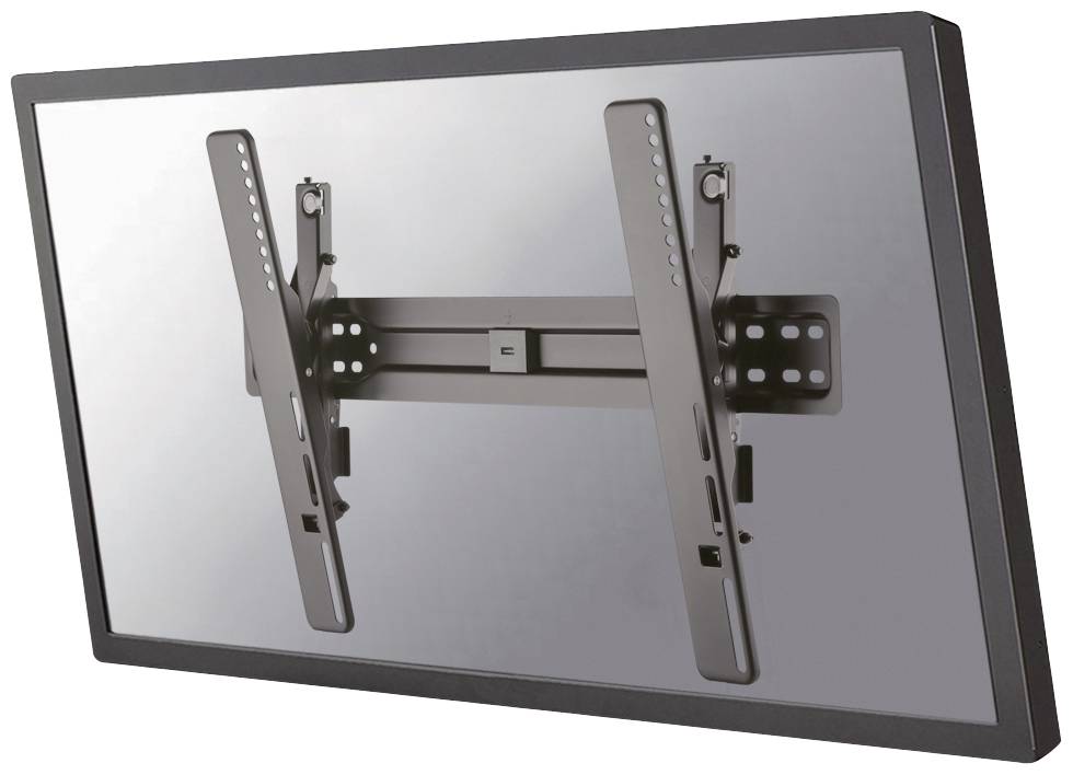 Eine schwenkbare TV-Wandhalterung für Flachbildschirme, montiert auf einer schwarzen Platte. Geeignet für unterschiedliche Bildschirmgrößen.