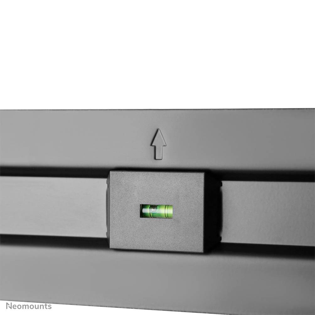 Waagerechtes Montagegerät mit Wasserwaage in einem schwarzen Rahmen, Zeiger zeigt nach oben.