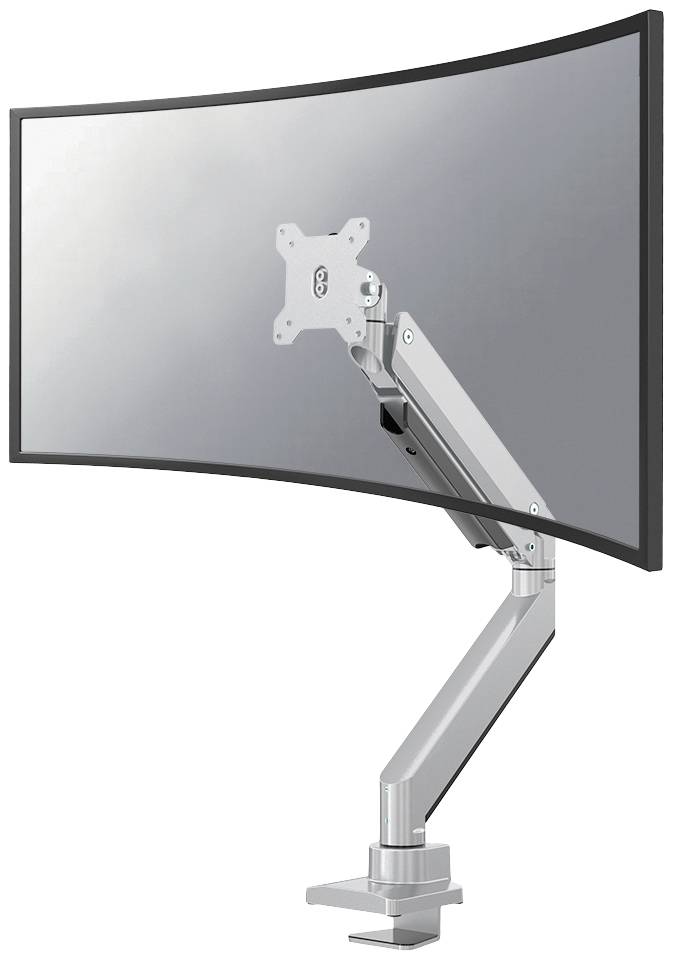 Ein gebogener Computermonitor an einem verstellbaren silbernen Monitorarm, montiert auf einem Tisch, ohne Bildschirmanzeige.