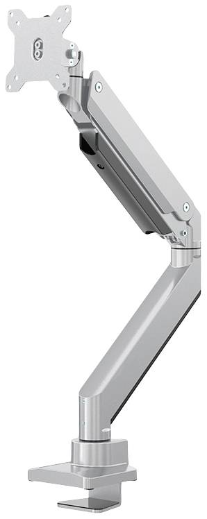 Ein verstellbarer Monitorarm aus Metall, zeigt detaillierte Gelenke und Halterungen für die Befestigung an einem Schreibtisch.