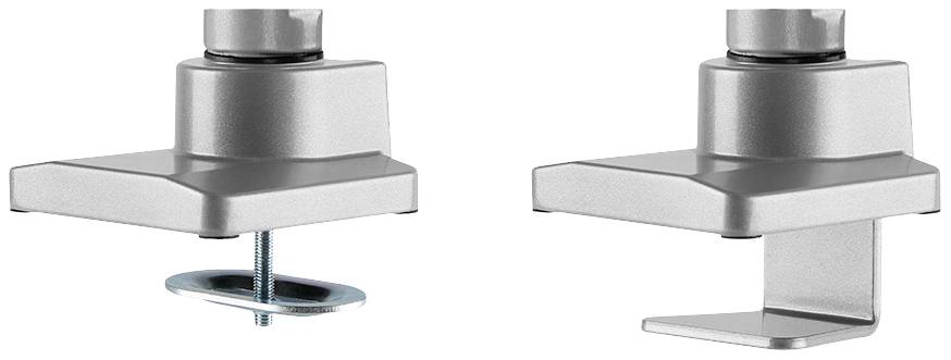 Zwei Metallhalterungen in silberner Farbe, eine mit und eine ohne Schraube, nebeneinander auf weißem Hintergrund.