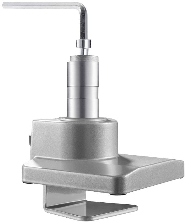 Eine silberne, robuste Vorrichtung mit L-förmigem Hebel und Schraubmechanismus, vermutlich zur Befestigung oder Anpassung genutzt.