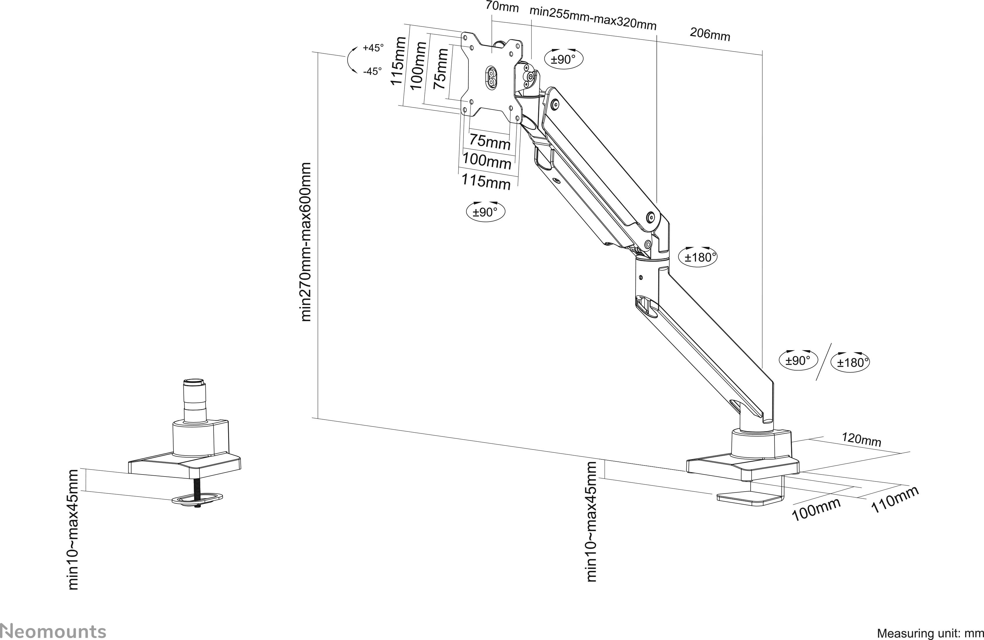 Verstellbarer Monitorarm aus Metall, zeigt Maße in mm: Höhe 270-590 mm, Ausladung 255-620 mm. Neigung +90°/-90°, Schwenken 180°.