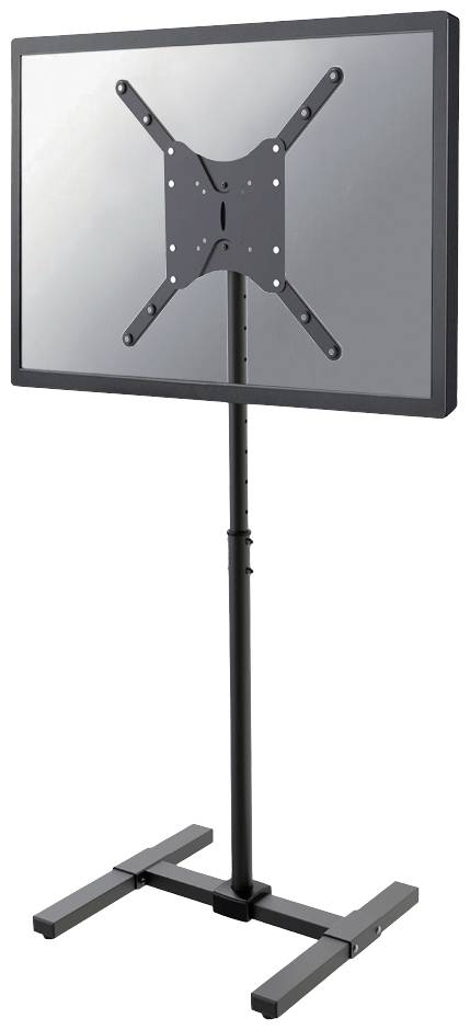 Ein höhenverstellbarer schwarzer TV-Ständer mit rechteckiger Basis und Halterung, geeignet für Bildschirme, steht aufrecht.
