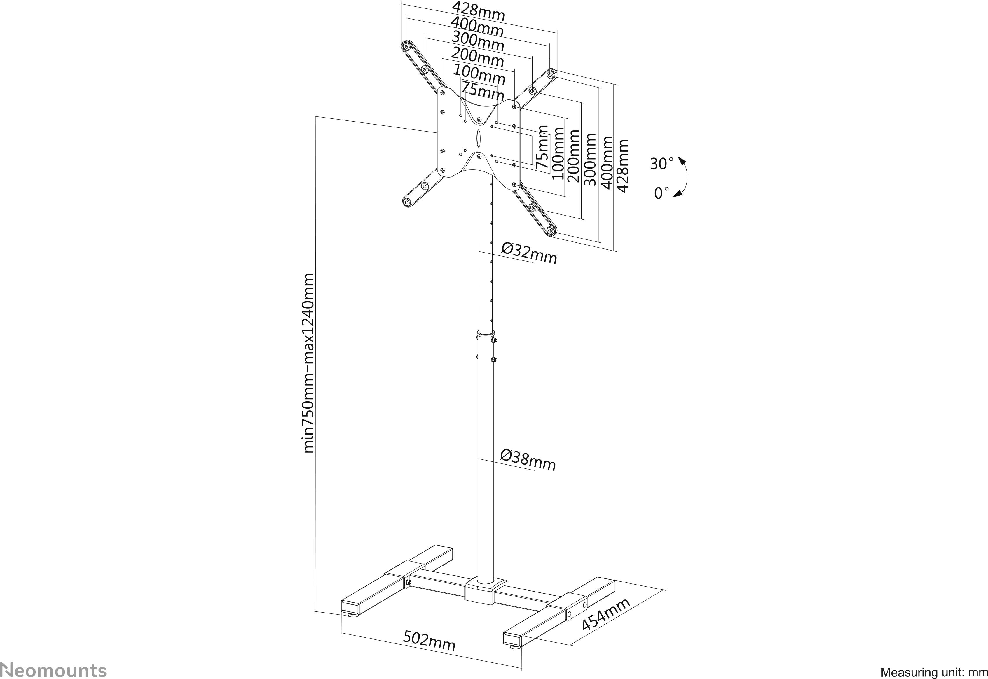 Skizze eines höhenverstellbaren TV-Ständers mit Maßen: min 750mm bis max 1240mm Höhe, Basisbreite 502mm. VESA-Kompatibilität 75mm bis 400mm.