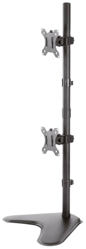 Ein schwarzer Metallständer für zwei Monitore, vertikal angeordnet, mit verstellbaren Halterungen und einer stabilen Basis.