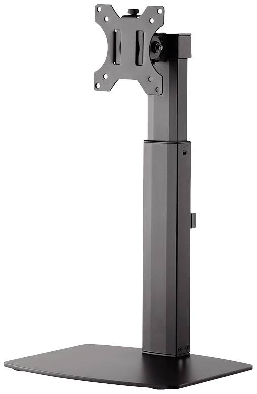 Schwarzer Monitorständer aus Metall, höhenverstellbar mit rechteckiger Basis, geeignet für VESA-kompatible Bildschirme.