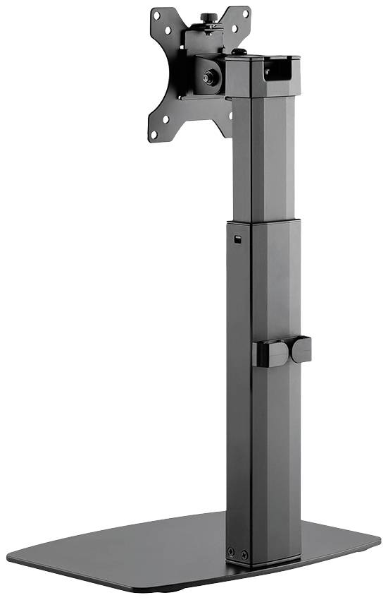 Ein verstellbarer, schwarzer Monitorständer mit flachem Sockel und Halterung für VESA-kompatible Monitore.