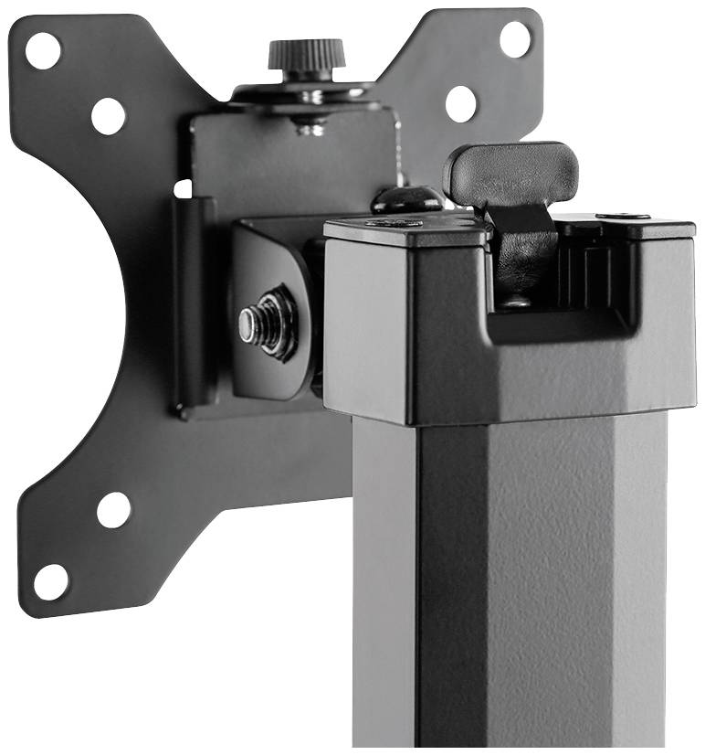 Bild eines verstellbaren Monitorarms mit VESA-Halterung. Der Arm ist aus Metall mit Einstellknopf und Schrauben zur Befestigung.