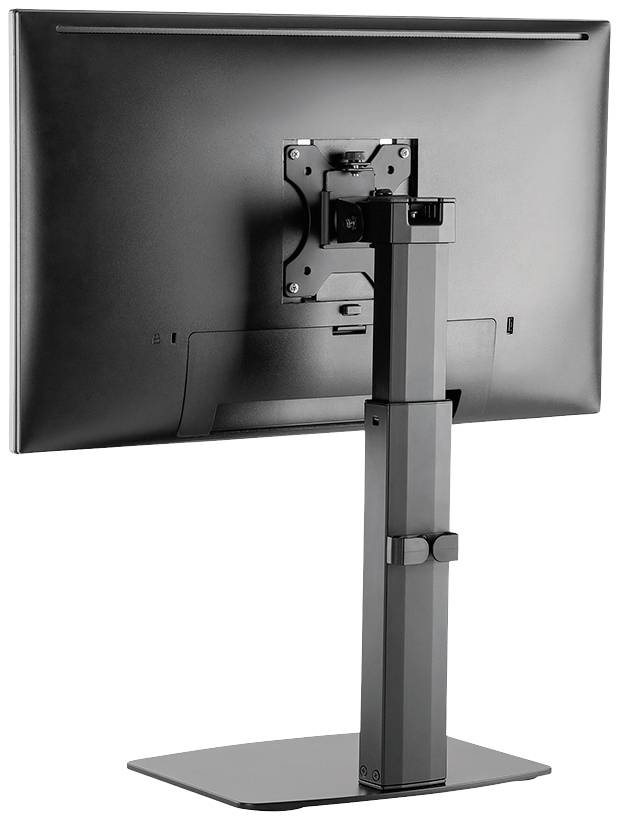 Der Bildschirm zeigt die Rückseite eines Monitors, der auf einem höhenverstellbaren Standfuß befestigt ist, mit einem VESA-Montagemuster.