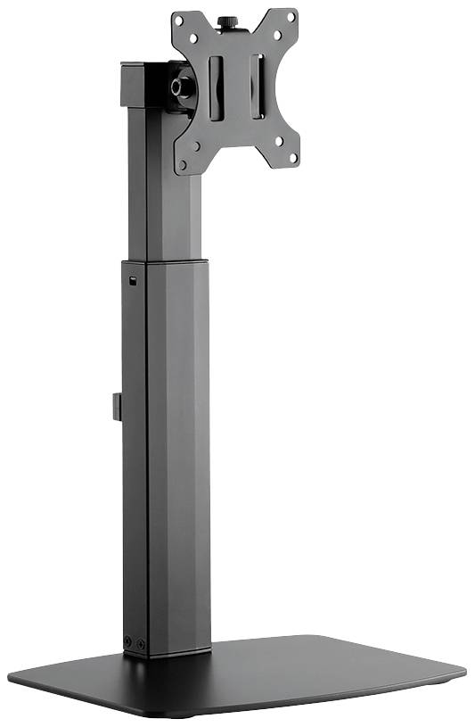 Monitorständer aus schwarzem Metall mit rechteckiger Basis und verstellbarer Halterung, passend für verschiedene Monitorgrößen.