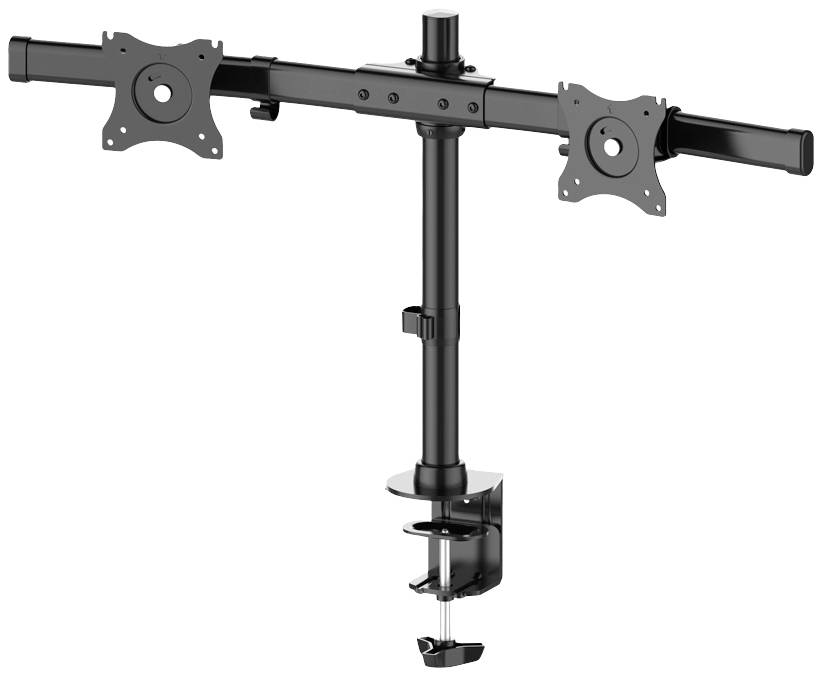 Schwarze Doppelmonitorehalterung aus Metall, mit zwei schwenkbaren VESA-Halterungen und einer Schreibtischklemme zur Befestigung.