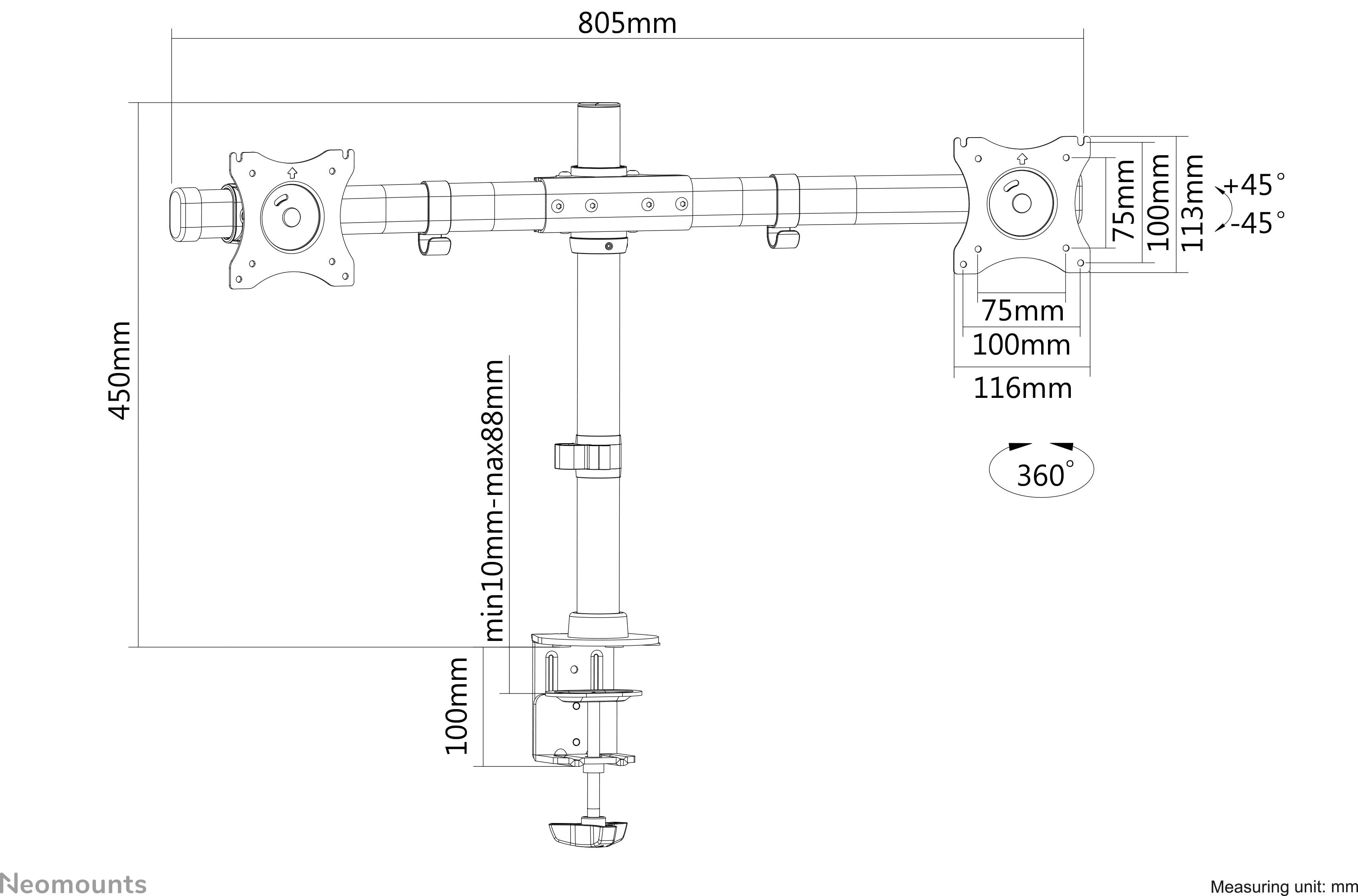 Zweiarmiger Monitorhalter, verstellbar in Höhe und Neigung. Maße: Breite 805 mm, Höhe 450 mm. 360° Drehung möglich.