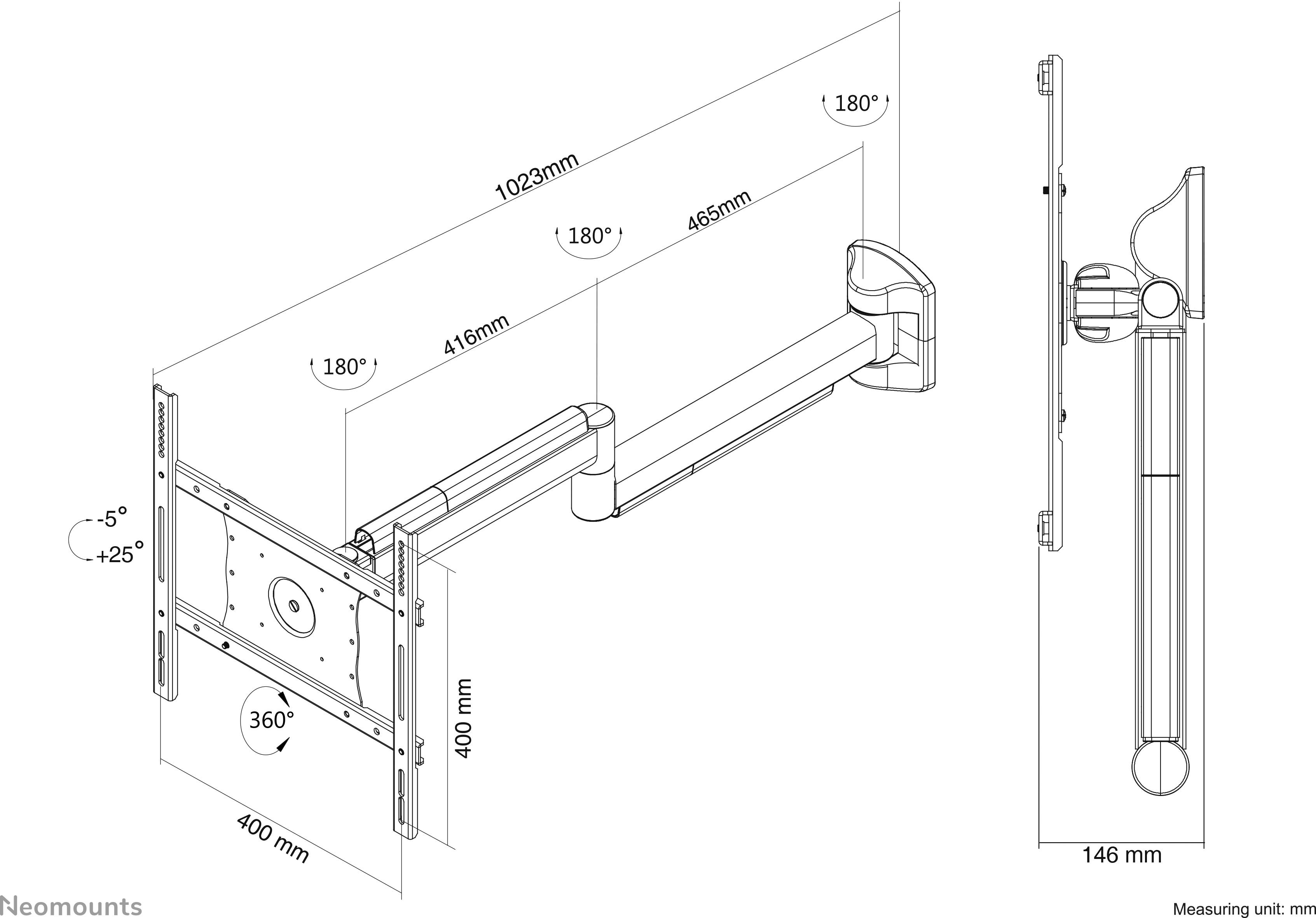 Wandhalterung für TV oder Monitor, vollständig schwenkbar und neigbar. Maximale Ausdehnung 1023 mm, Rotation 360°, Neigung +5° bis -25°.