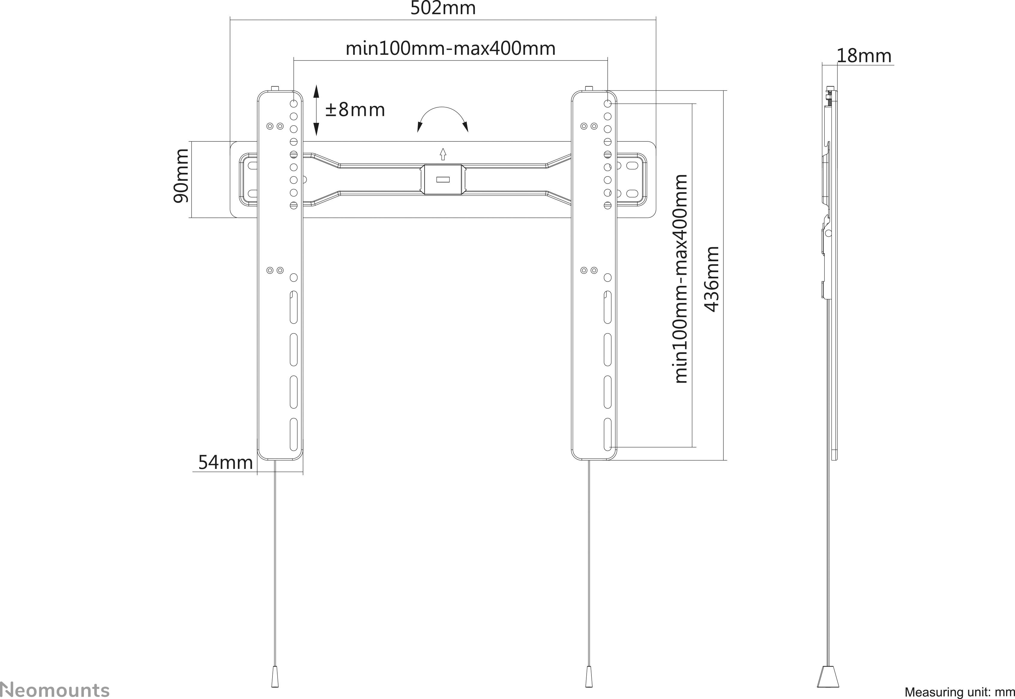 Wandhalterung für Monitore, Maße: Breite 502mm, Höhe 436mm, Tiefe 18mm. Einstellbare Breite 100mm bis 400mm, Höhe 100mm bis 400mm.