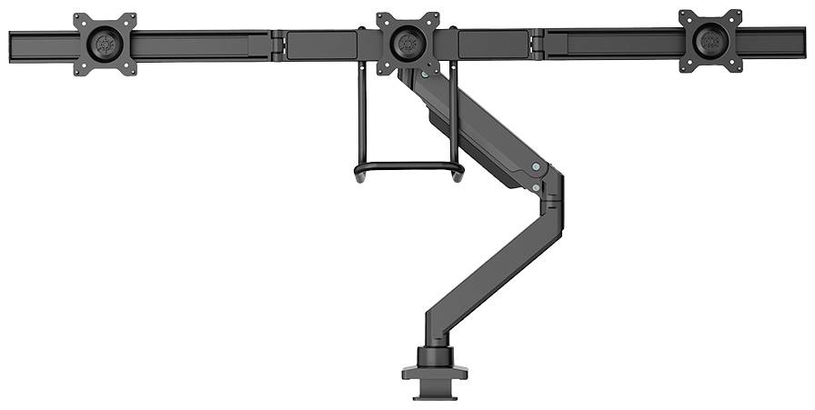 Ein dreifacher Monitorhalter mit einem zentralen Standbein. Die Halterung erlaubt die Anpassung der Bildschirmposition für ergonomisches Arbeiten.