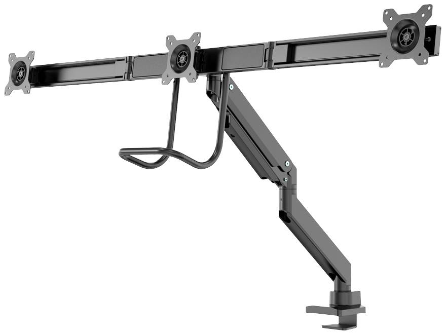 Höhenverstellbarer Bildschirmhalter aus Metall für zwei Bildschirme, mit Klemme zur Befestigung an einem Tisch.