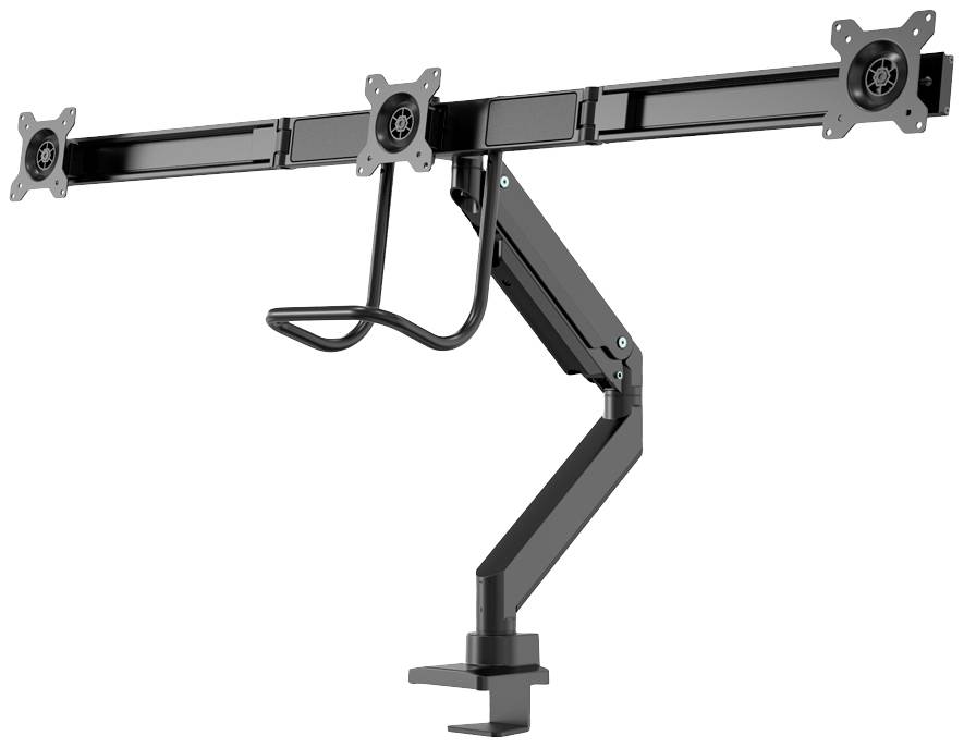 Monitorhalterung mit drei VESA-Halterungen und verstellbarem Arm, der an einem Tisch befestigt wird. Ideal zur Befestigung mehrerer Bildschirme.