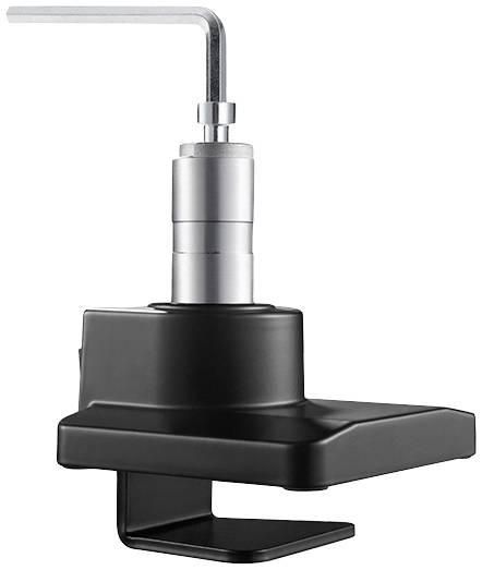 Eine schwarze Tischhalterung mit silbernem Spannmechanismus und Schraube, geeignet zur Befestigung von Monitoren oder Leuchten an einem Tisch.