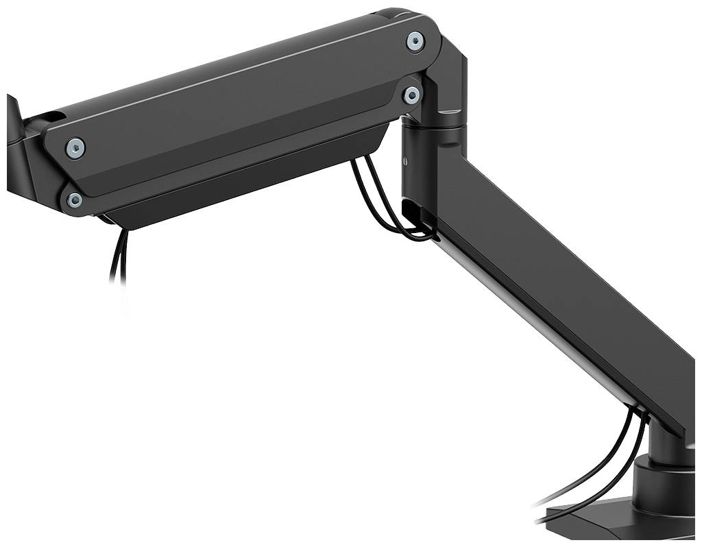 Ein schwarzer, einstellbarer Monitorarm mit Kabelmanagement-System, der an einem Schreibtisch befestigt ist.