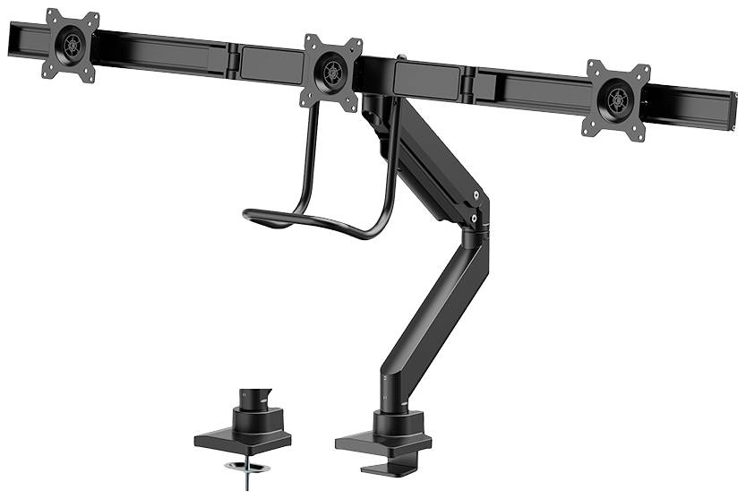 Dreifach-Monitorarm aus schwarzem Metall, geeignet für drei Bildschirme. Tischeinmontage mit verstellbarem Winkel und Halterungen.