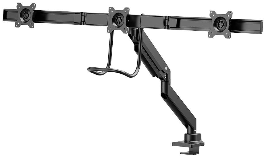 Monitorhalterung mit vier Befestigungspunkten und einem flexiblen Arm zur Tischmontage, geeignet für die Installation mehrerer Bildschirme.
