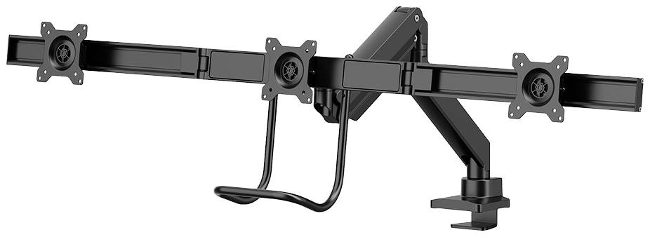 Ein schwarzer, verstellbarer Monitorhalter mit drei VESA-Halterungen und einem stabilen Klemmsockel zur Befestigung an einem Schreibtisch. Ideal für mehrere Bildschirme.