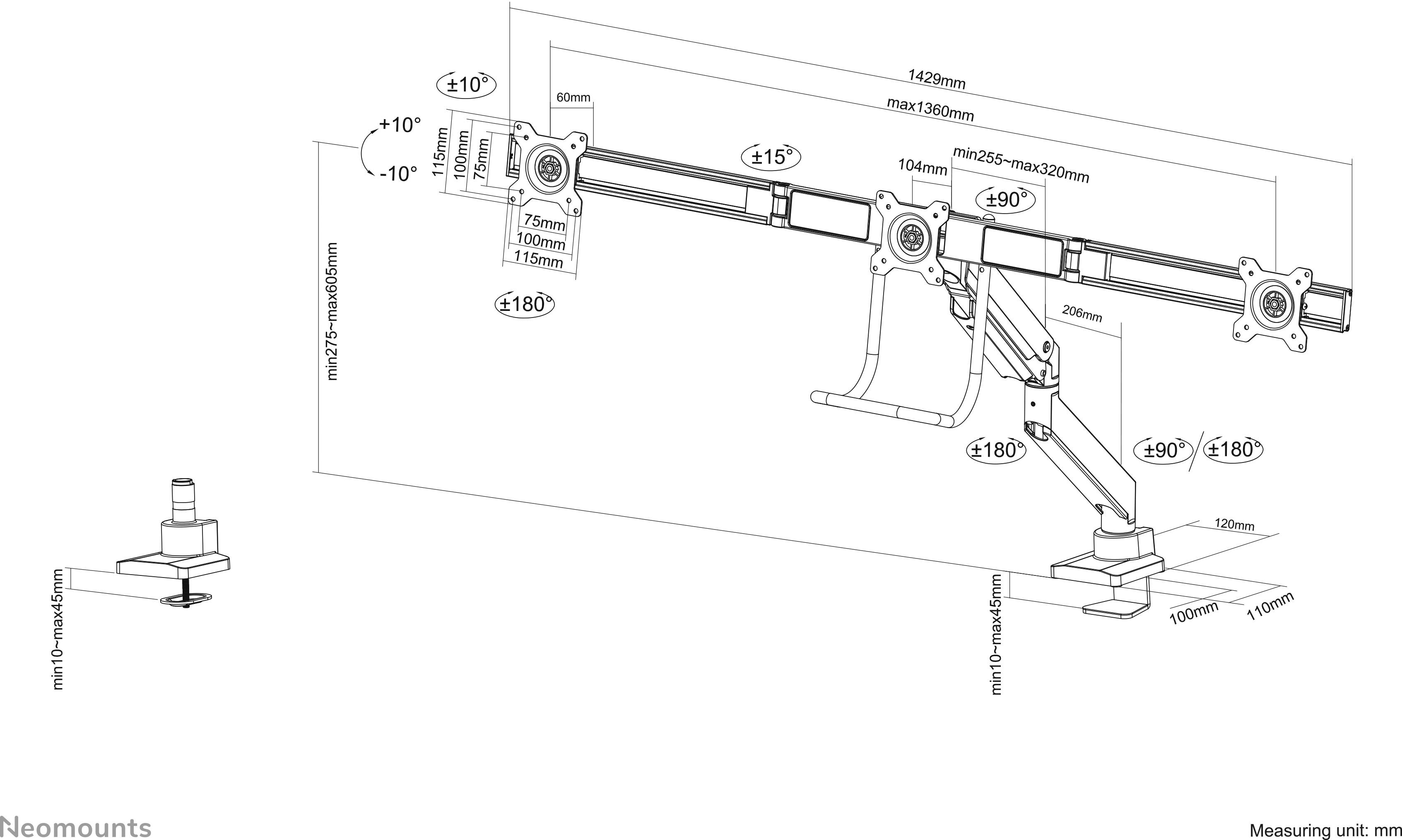 Technische Zeichnung eines Monitorarms mit mehreren Gelenken. Maße und Winkel für verschiedene Teile sind angegeben. Messungen in Millimetern.