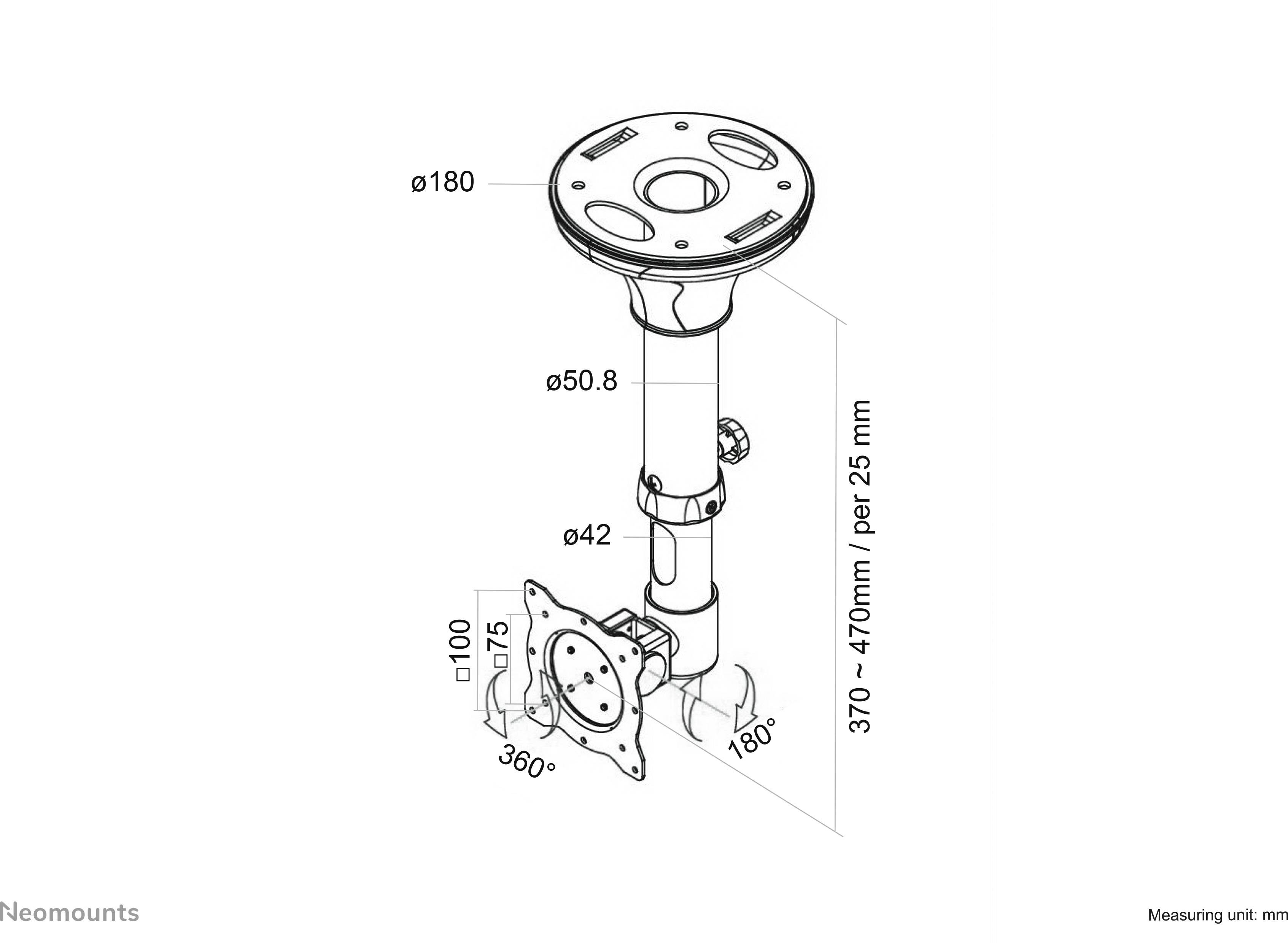 Diagramm einer verstellbaren Halterung mit Maßen: Durchmesser 180 mm oben, 50,8 mm Rohr, Höhe verstellbar von 370 bis 470 mm. Drehen um 180° und 360°.