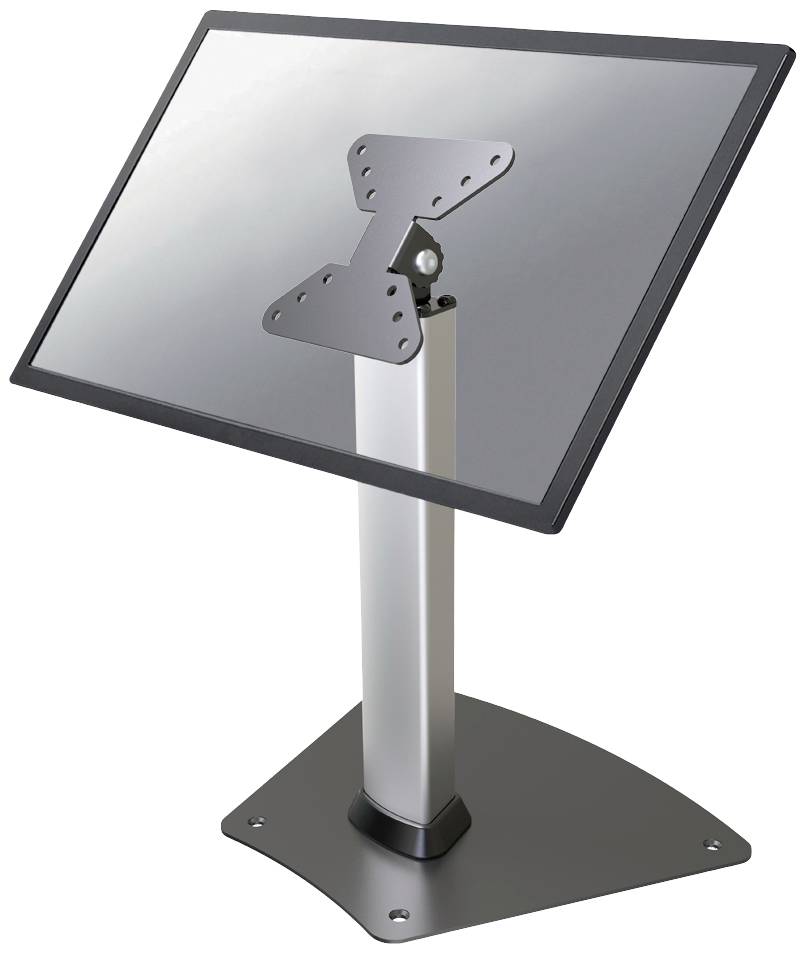 Metallischer Ständer mit geneigter Befestigungsvorrichtung, geeignet für Monitore oder Bildschirme. Solide, standfeste Basis.