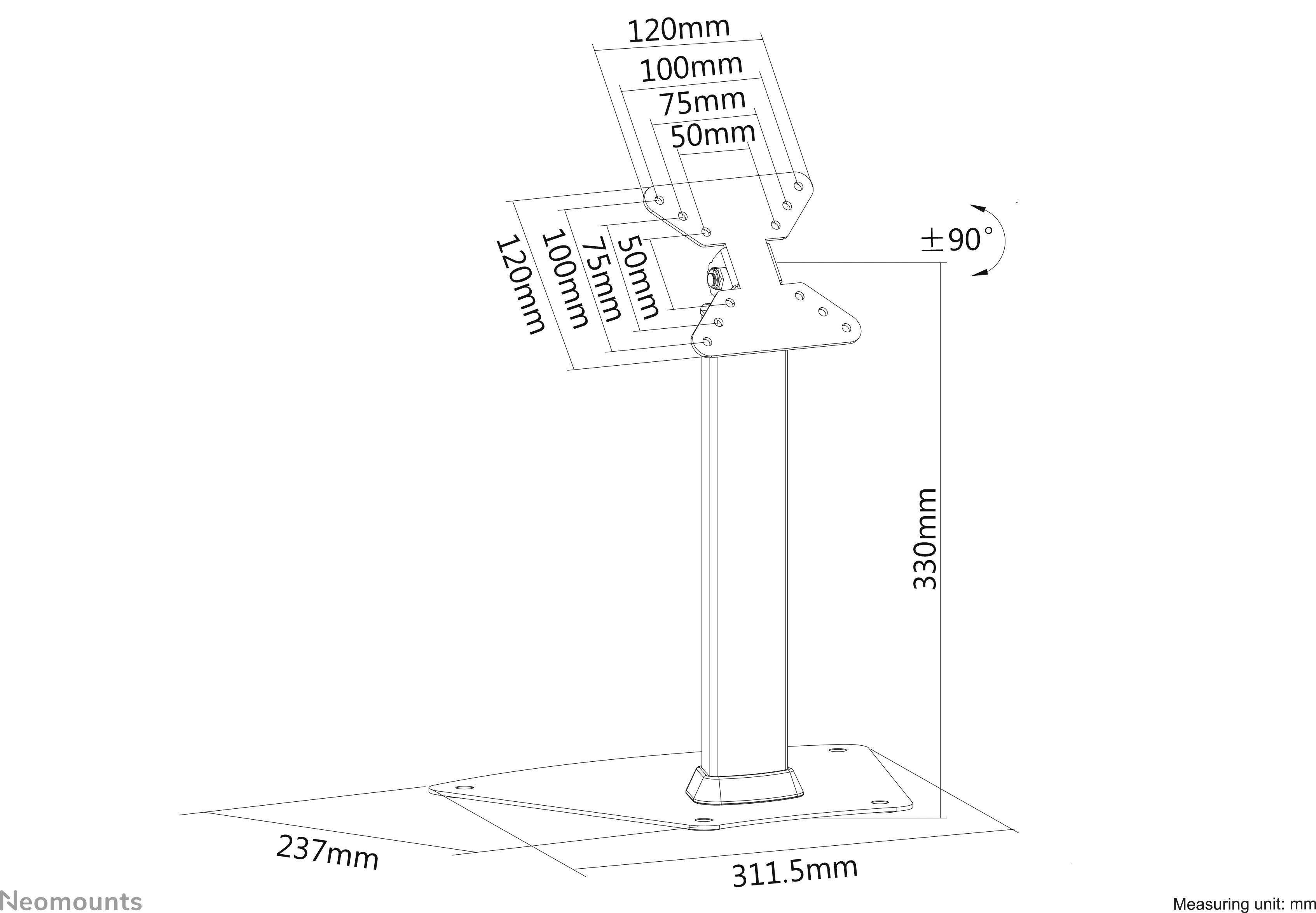 Ständer-Diagramm: Maße der Halterung in mm, Schwenkbereich bis 90 Grad. Basis 237x311,5 mm, Höhenverstellbar bis 330 mm.