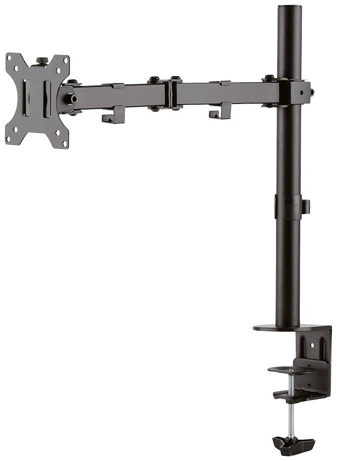 Schwarzer Monitorarm aus Metall mit Klemme zur Befestigung an einem Tisch. Geeignet für die flexible Positionierung eines Bildschirms.