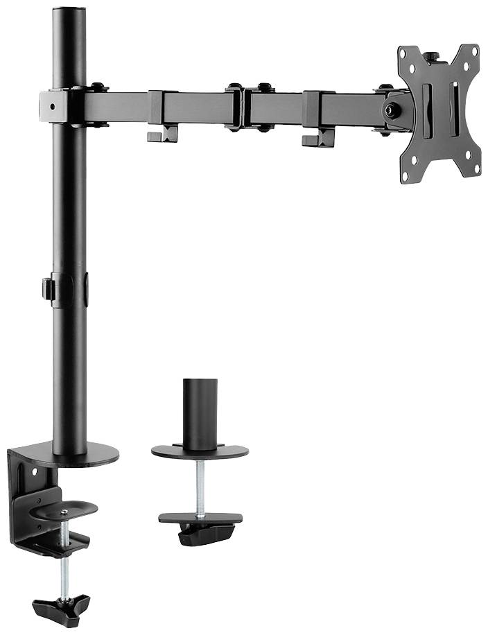 Monitorhalterung aus Metall mit Klemme für Schreibtischmontage. Verstellbare Arme ermöglichen flexible Positionierung des Bildschirms.