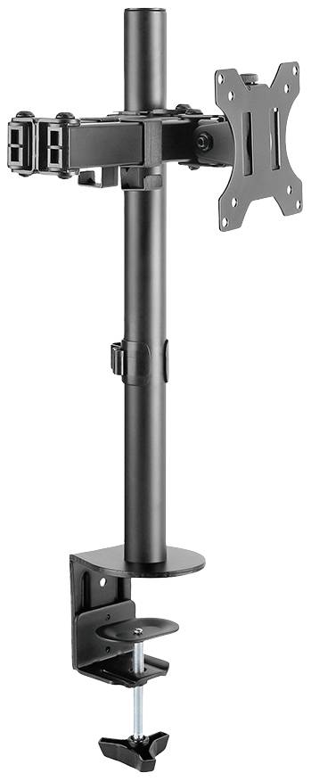 Ein schwarzer Monitorhalter zur Tischbefestigung. Mit verstellbarem Arm und VESA-Halterung für Monitore, zur ergonomischen Einstellung.