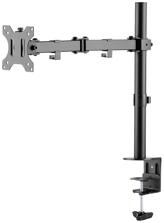 Schwarze Monitorhalterung mit Klemmbefestigung zur Befestigung an einem Tisch. Geeignet für Monitore, verstellbar in Neigung und Ausrichtung.
