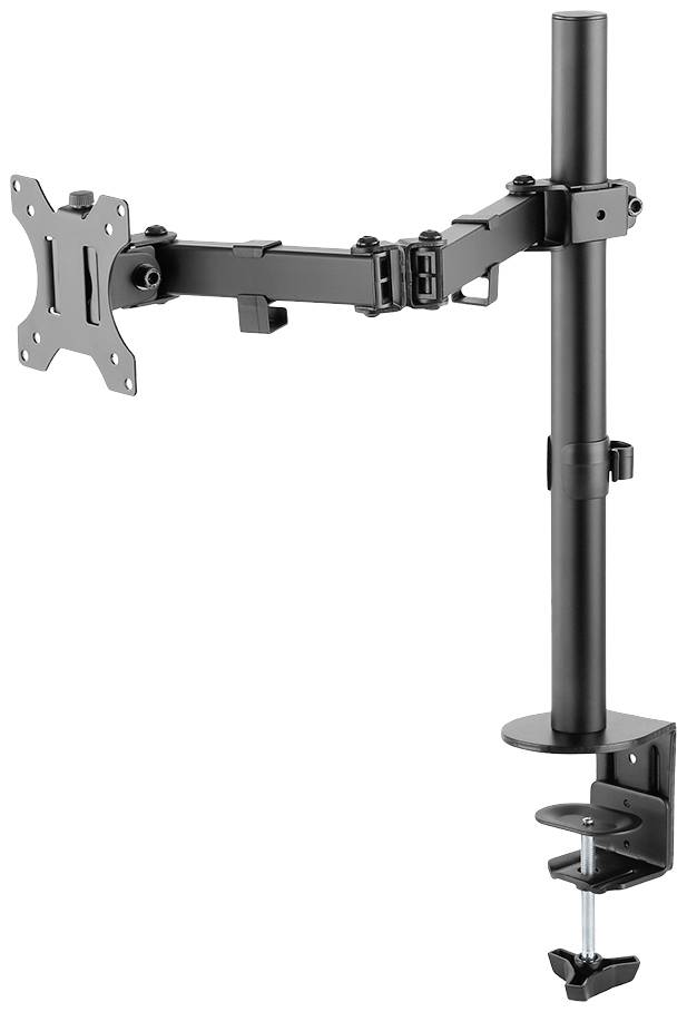 Monitorhalterung aus Metall mit verstellbarem Arm zur Tischbefestigung. Geeignet für Monitore bis zu einer bestimmten Größe.