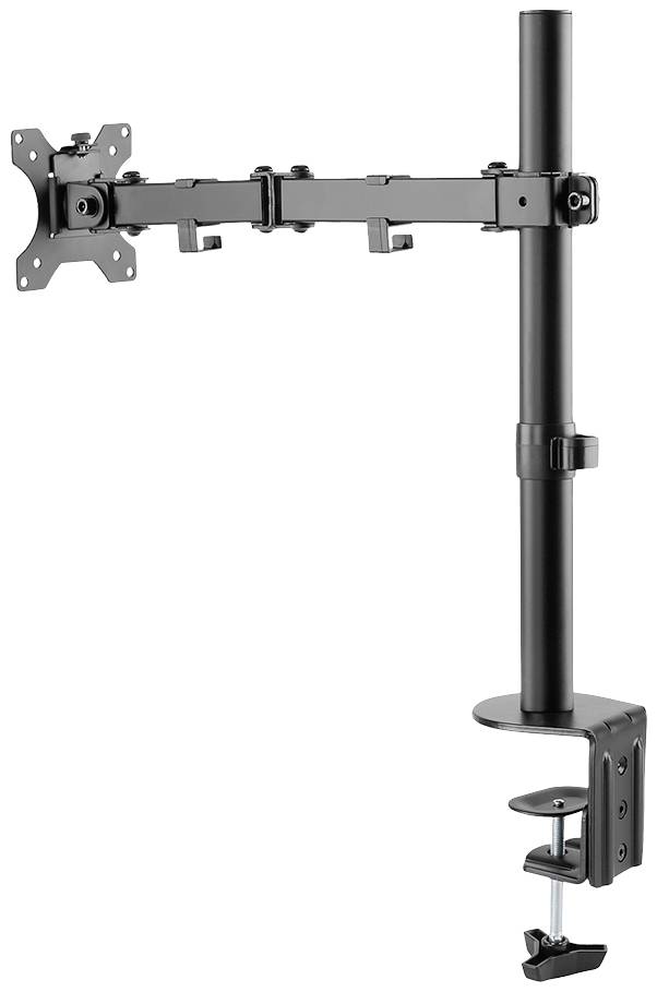 Schwarzer Monitorhalter mit Klemme zur Befestigung an einem Tisch. Beweglicher Arm mit mehreren Gelenken für flexible Positionierung.